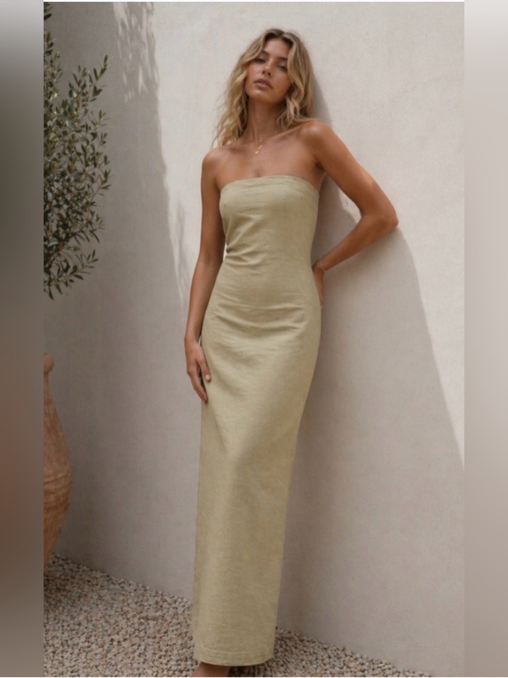 NWT Zara olive cotton & linen blend strapless maxi tube dress Sz M